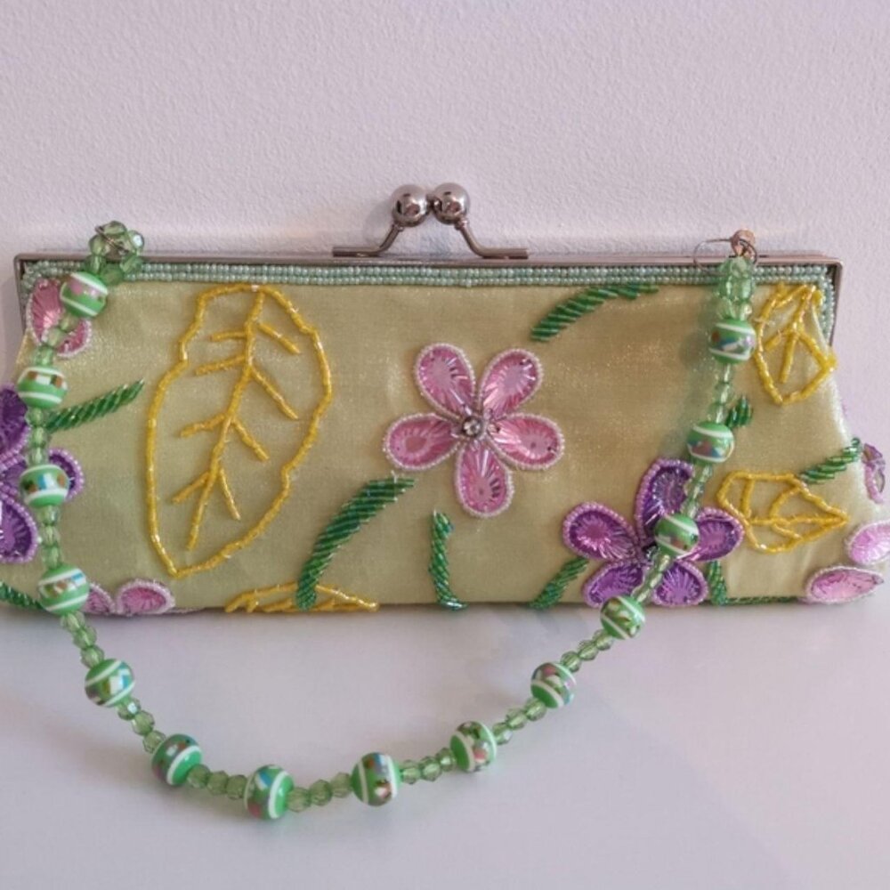 NWT Evening purse clutch bag satin beaded Green Purple Pastels - Picture 2 of 7